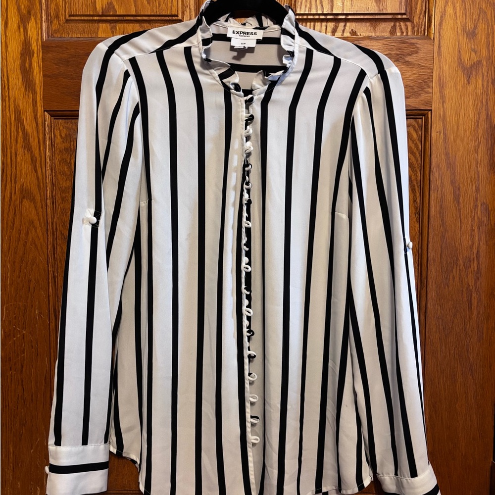Express Women’s Black & White Vertical Stripe Button-Down Shirt